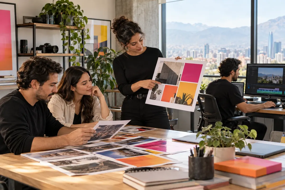 Equipo de Marketing.cl revisando piezas gráficas en su oficina