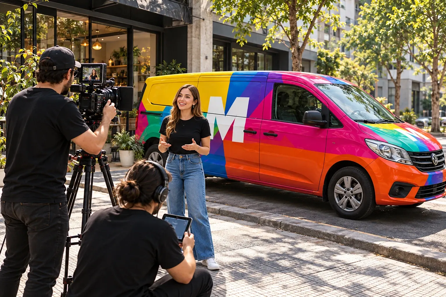 Equipo de Marketing.cl grabando a una presentadora frente a una VAN de la marca