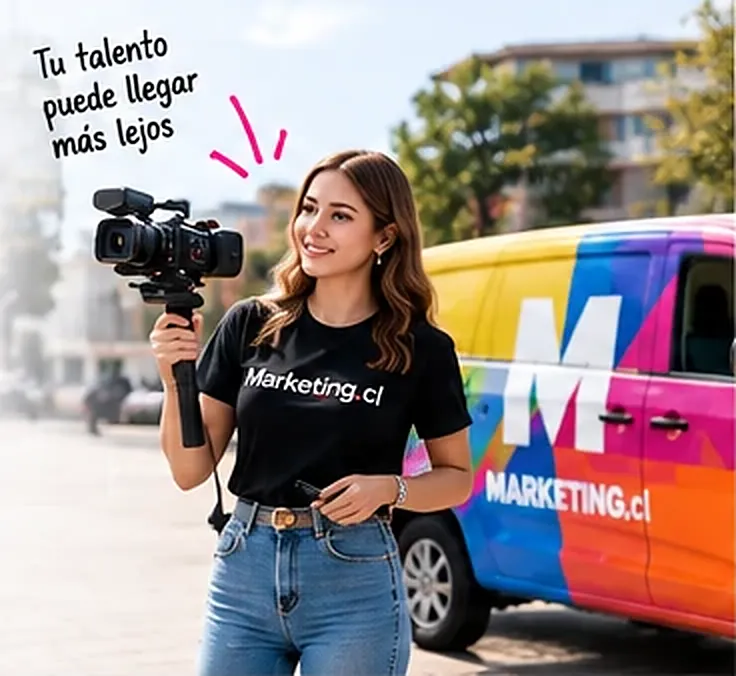 Talento de Marketing.cl grabando con una cámara junto a una VAN de la marca